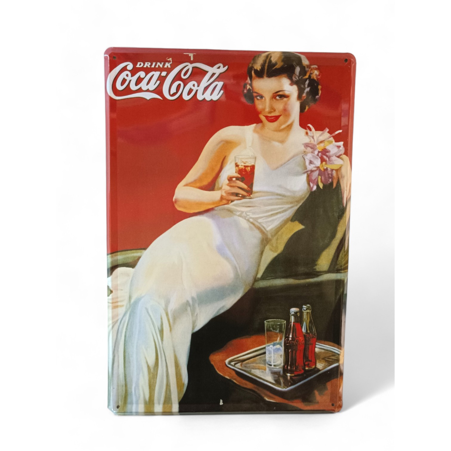 Vintage Coca-Cola metalna reklama "Woman Drinks Cola"