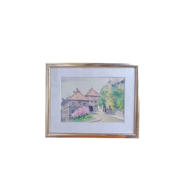 Akvarel pejzaž u pozlaćenom okviru 34×27 cm