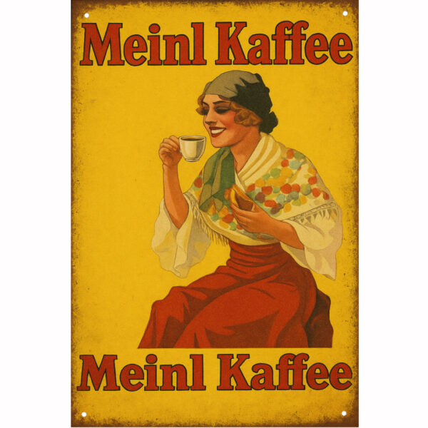 Vintage reklama "Meinl Kaffee – dama s kavom"