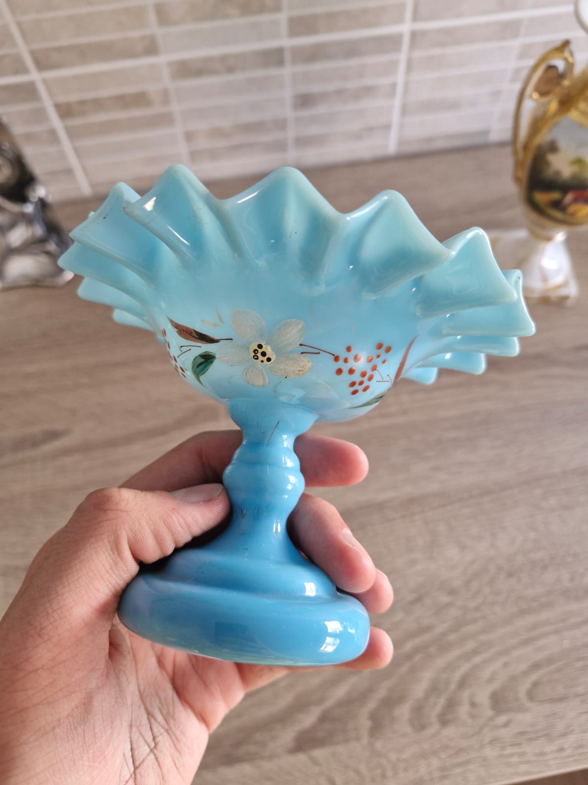 Bidermajerski aufsatz od plavog opalin stakla - Slika 2