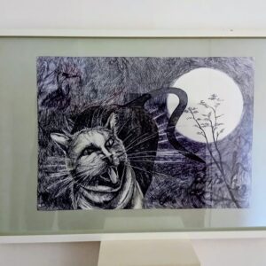Grafika – Mačka pod punim mjesecom, 93 × 63 cm