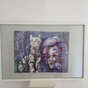 Grafika u kombiniranoj tehnici – Mačka i ženski portret, 93 × 63 cm
